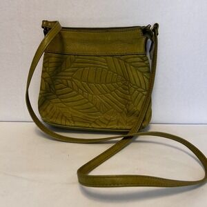 Fossil Olive‎ Green Embossed Leaf Genuine Leather Crossbody Bag